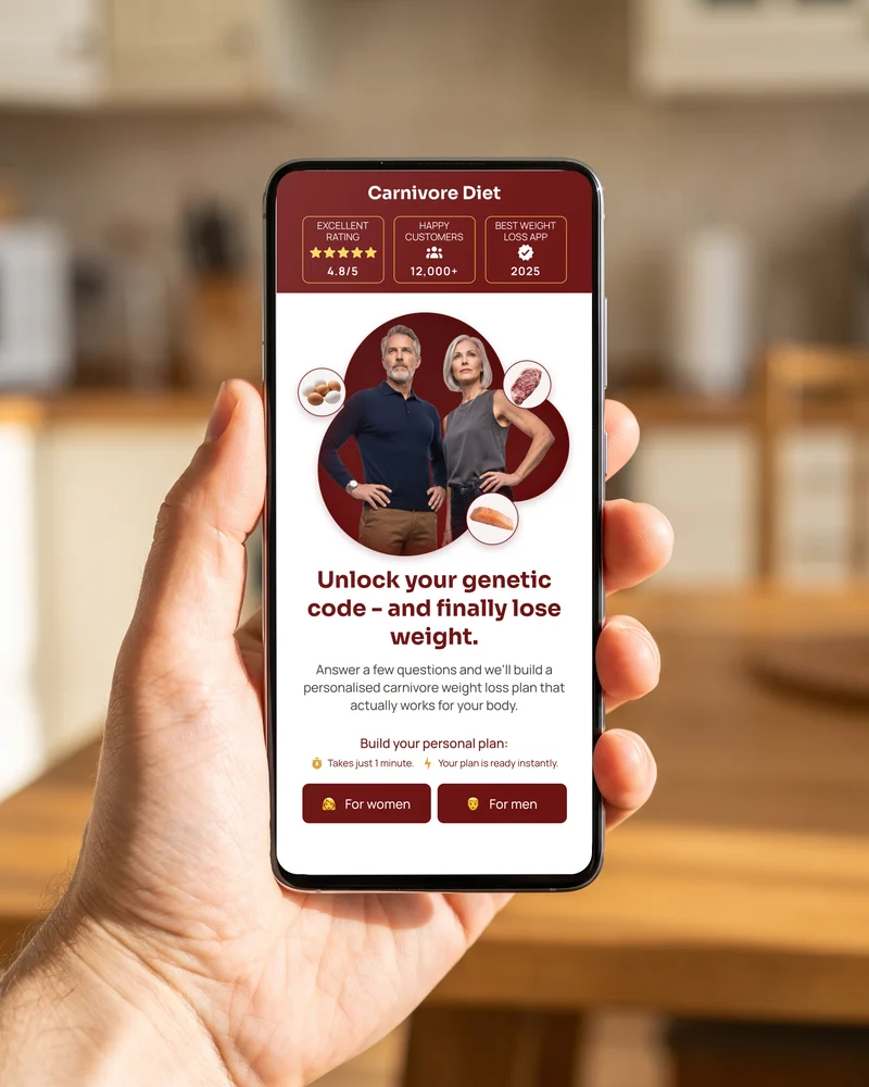 A hand holding a phone with the CarnivDiet quiz open