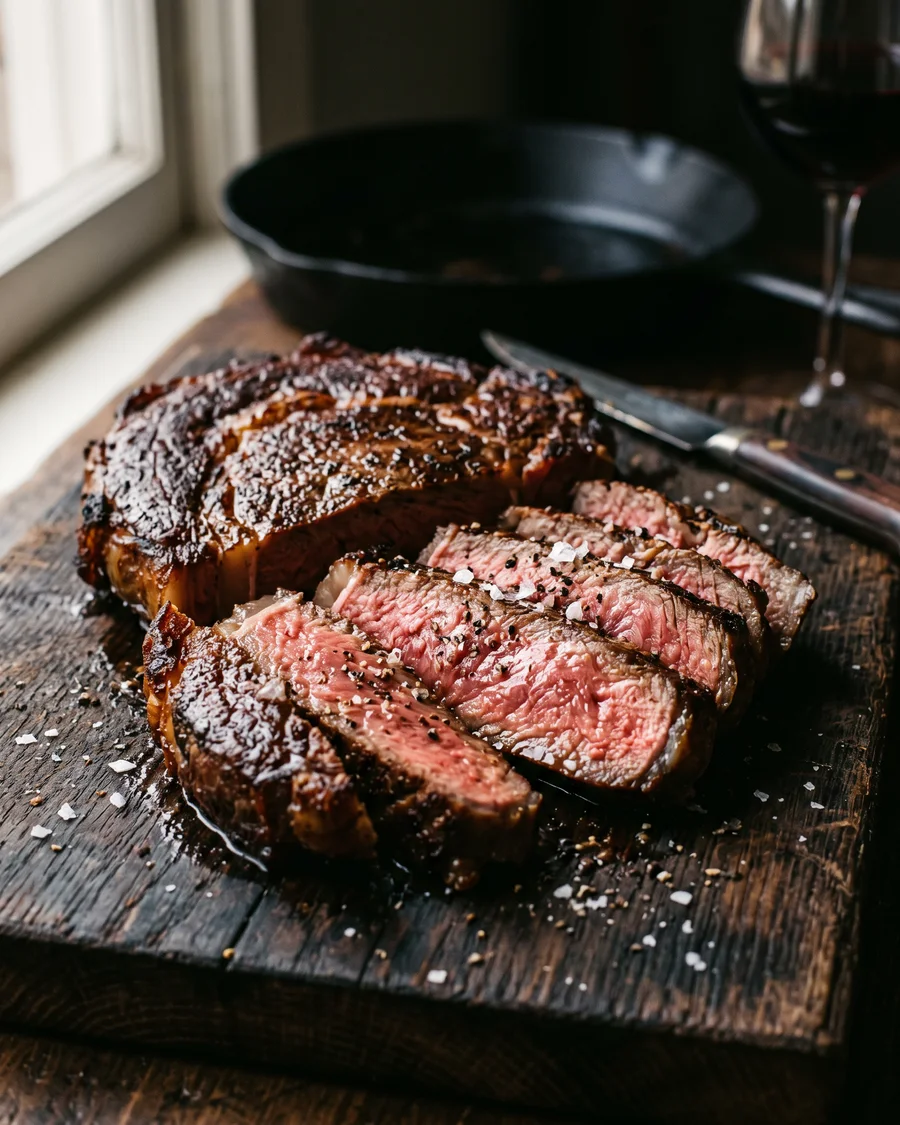 A seared ribeye steak, partly sliced, on a wooden board